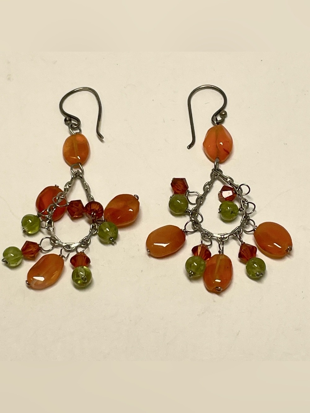 Sterling Silver Carnelian Orange Peridot Sage Green Crystal Dangle Drop Earrings